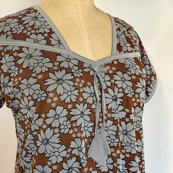Retro Floral Nightgown PJ Boho Med Brown Maxi Stretch Dress Hippie VTG Artsy - Picture 12 of 14